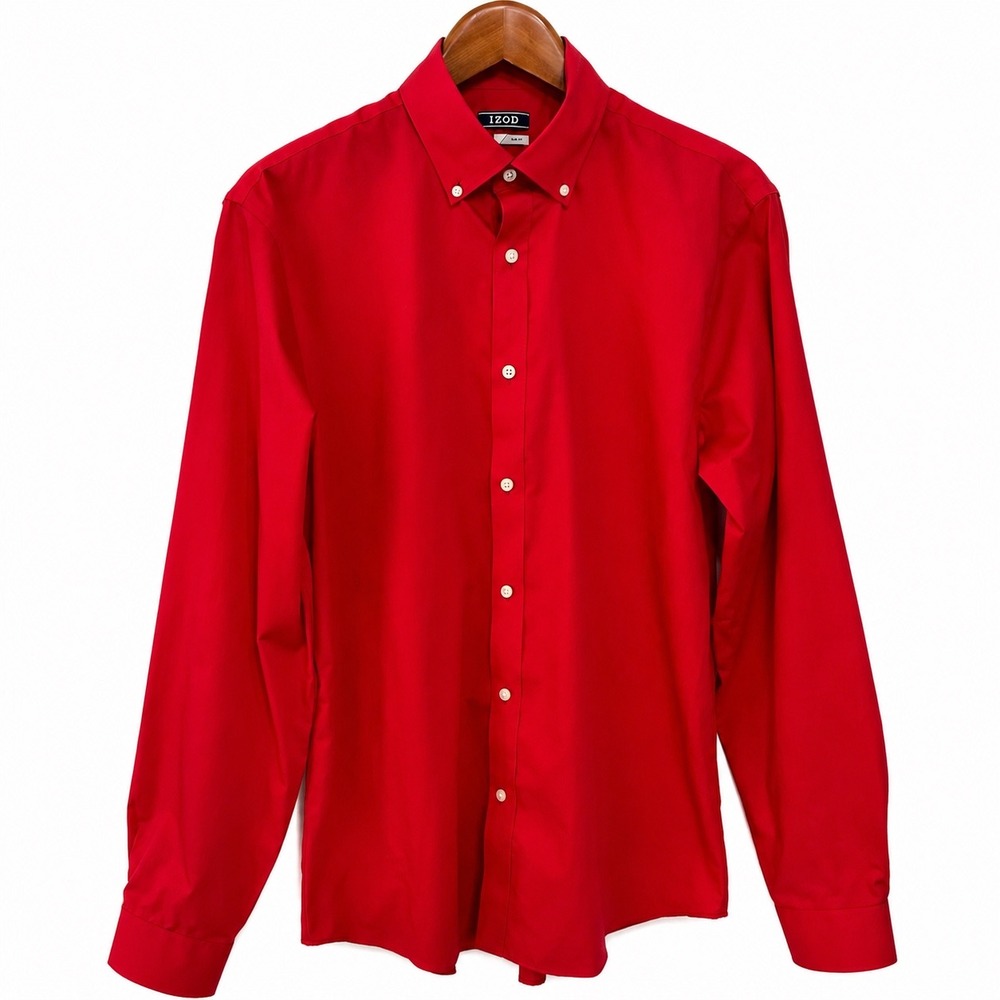 IZOD Mens Slim Fit Stretch Dress Shirt Red Long Sleeve Button Down 16 34/35
